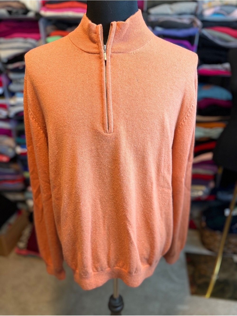 Men's Half-Zip Cashmere Sweater in Coral Orange